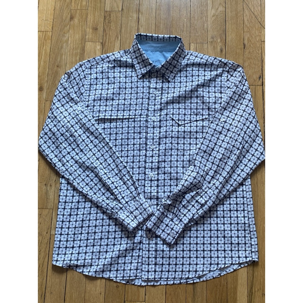 Huk Shirt Mens Medium White Gray Tide Point Gingham Plaid Button Up Performance